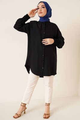 Nervür Detaylı Salaş Gömlek Siyah - Yılın Fırsatı