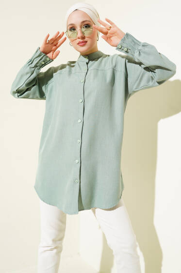 Nervür Detaylı Salaş Gömlek Su Yeşili - Gömlek