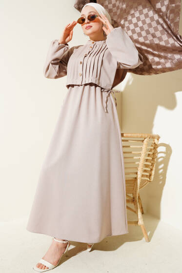 Nervür Detaylı Yelekli Elbise Bej - Elbise