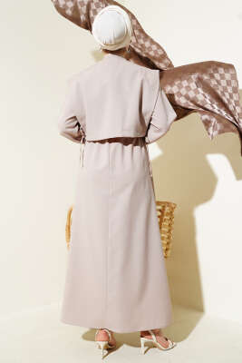 Nervür Detaylı Yelekli Elbise Bej - Tesettür Elbise