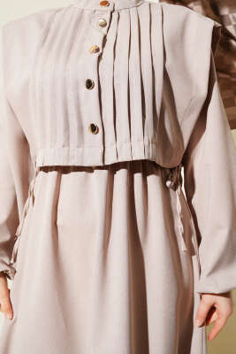 Nervür Detaylı Yelekli Elbise Bej - Tesettür Elbise