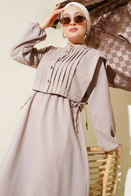 Nervür Detaylı Yelekli Elbise Bej - Tesettür Elbise