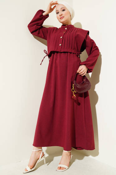 Nervür Detaylı Yelekli Elbise Bordo - Elbise
