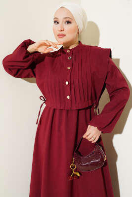 Nervür Detaylı Yelekli Elbise Bordo - Tesettür Elbise