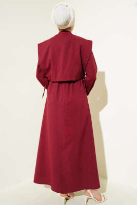 Nervür Detaylı Yelekli Elbise Bordo - Tesettür Elbise