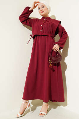 Nervür Detaylı Yelekli Elbise Bordo 