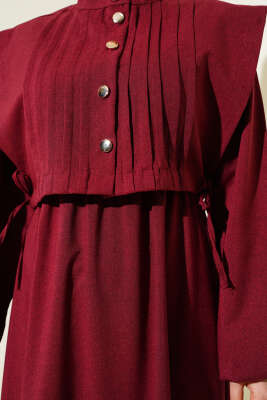 Nervür Detaylı Yelekli Elbise Bordo - Tesettür Elbise