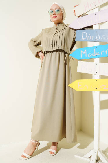 Nervür Detaylı Yelekli Elbise Çağla Yeşili - Elbise