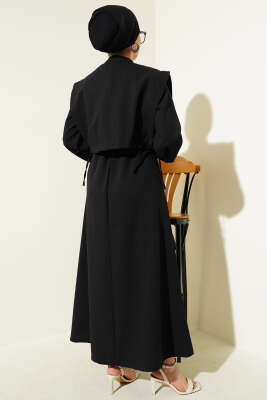 Nervür Detaylı Yelekli Elbise Siyah - Tesettür Elbise