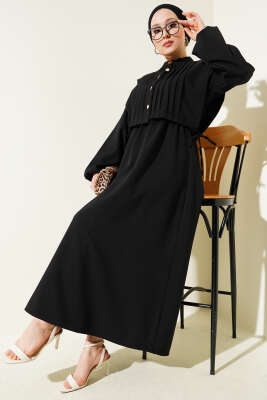 Nervür Detaylı Yelekli Elbise Siyah - Tesettür Elbise