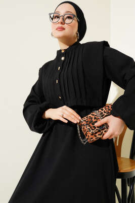 Nervür Detaylı Yelekli Elbise Siyah - Tesettür Elbise