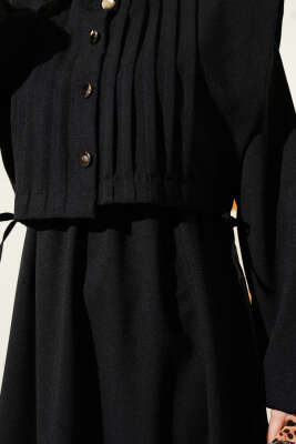 Nervür Detaylı Yelekli Elbise Siyah - Tesettür Elbise