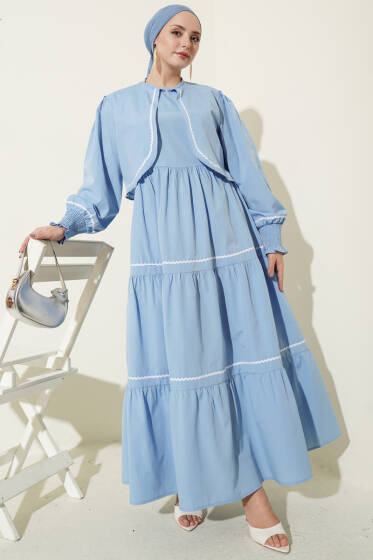 Nervür Dikiş Detaylı Elbise Takım Bebe Mavi - Elbise