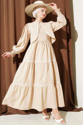 Nervür Dikiş Detaylı Elbise Takım Bej - ASMİN