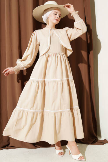 Nervür Dikiş Detaylı Elbise Takım Bej - Elbise