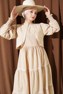 Nervür Dikiş Detaylı Elbise Takım Bej - Elbise