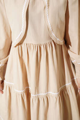 Nervür Dikiş Detaylı Elbise Takım Bej - Elbise