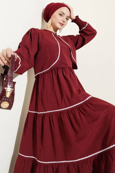 Nervür Dikiş Detaylı Elbise Takım Bordo - Elbise
