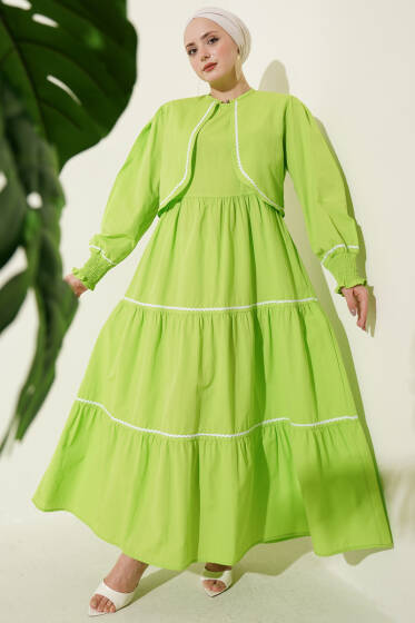 Nervür Dikiş Detaylı Elbise Takım Fıstık Yeşili - Elbise