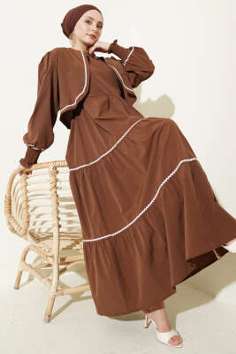 Nervür Dikiş Detaylı Elbise Takım Kahve - ASMİN