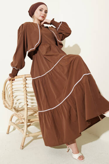 Nervür Dikiş Detaylı Elbise Takım Kahve - Elbise