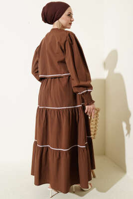 Nervür Dikiş Detaylı Elbise Takım Kahve - Elbise