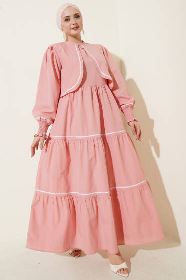 Nervür Dikiş Detaylı Elbise Takım Pudra - Elbise