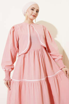 Nervür Dikiş Detaylı Elbise Takım Pudra - Elbise