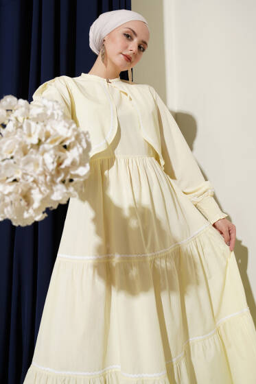 Nervür Dikiş Detaylı Elbise Takım Sarı - Elbise