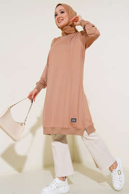 Nervür Dikişli Basic Uzun Tunik Bej 