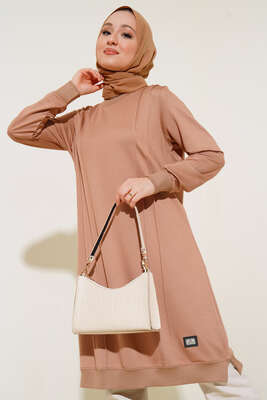 Nervür Dikişli Basic Uzun Tunik Bej - Tunik