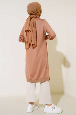 Nervür Dikişli Basic Uzun Tunik Bej - Tunik