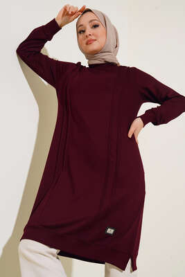 Nervür Dikişli Basic Uzun Tunik Bordo 