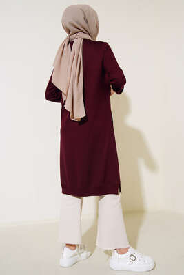Nervür Dikişli Basic Uzun Tunik Bordo - Tunik