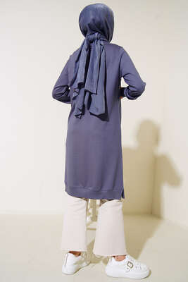 Nervür Dikişli Basic Uzun Tunik Gri - Tunik