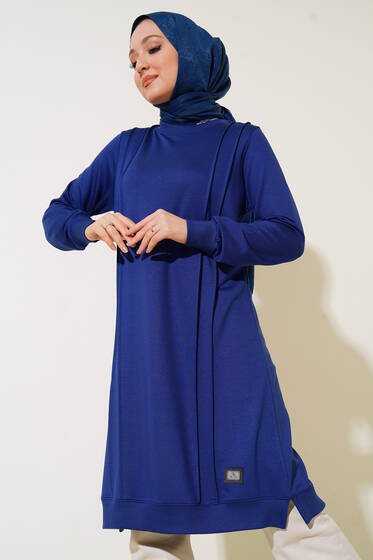Nervür Dikişli Basic Uzun Tunik İndigo - Tunik