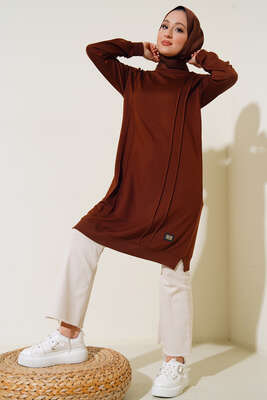 Nervür Dikişli Basic Uzun Tunik Kahve 