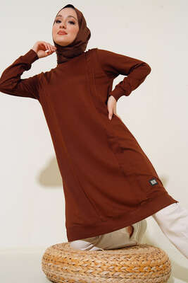 Nervür Dikişli Basic Uzun Tunik Kahve - Tunik