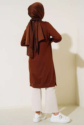 Nervür Dikişli Basic Uzun Tunik Kahve - Tunik