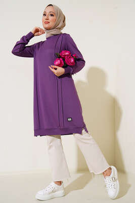 Nervür Dikişli Basic Uzun Tunik Lila 