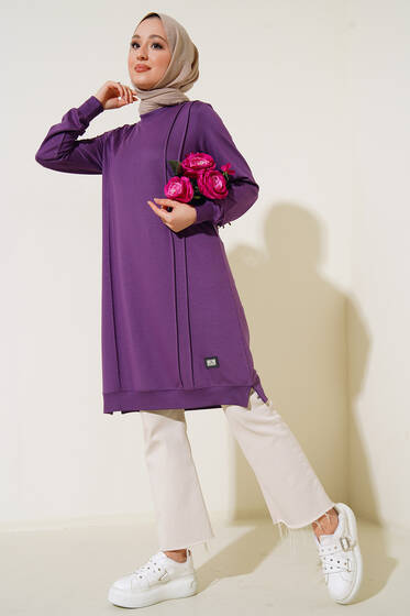 Nervür Dikişli Basic Uzun Tunik Lila - Tunik