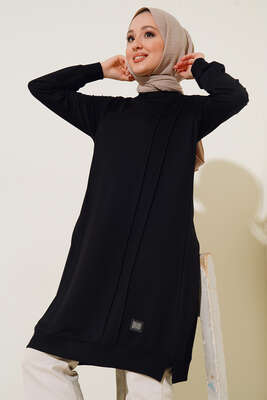 Nervür Dikişli Basic Uzun Tunik Siyah 