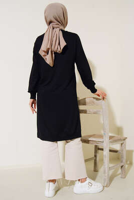 Nervür Dikişli Basic Uzun Tunik Siyah - Tunik