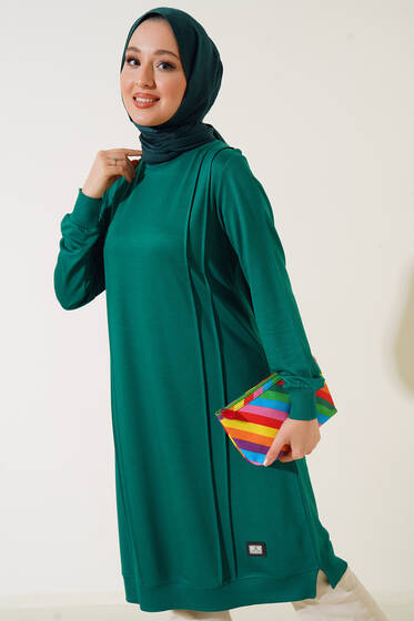 Nervür Dikişli Basic Uzun Tunik Yeşil - Tunik