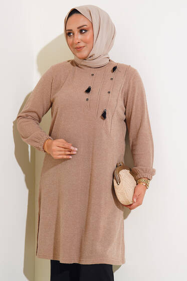 Nervür Dikişli Düğme Detaylı Büyük Beden Tunik Bej - Tunik