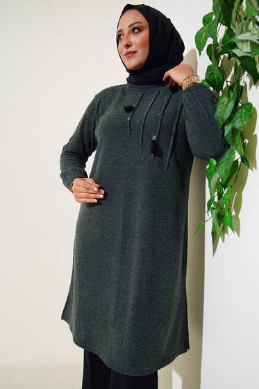 Nervür Dikişli Düğme Detaylı Büyük Beden Tunik Haki - Tunik