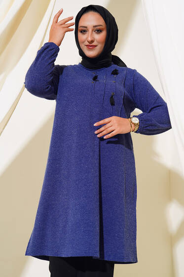 Nervür Dikişli Düğme Detaylı Büyük Beden Tunik İndigo - Tunik