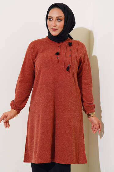 Nervür Dikişli Düğme Detaylı Büyük Beden Tunik Kiremit - Tunik
