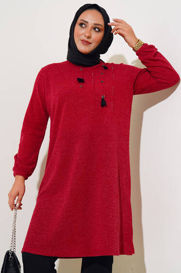 Nervür Dikişli Düğme Detaylı Büyük Beden Tunik Kırmızı - Tunik