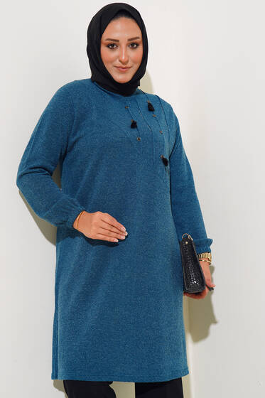 Nervür Dikişli Düğme Detaylı Büyük Beden Tunik Petrol - Tunik